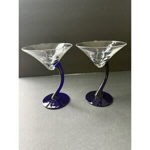 Vintage Libbey Cobalt Blue Curved Stem Martini Glass 1950s Set 2 Barware